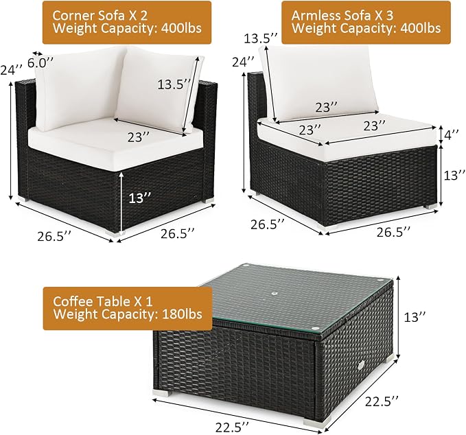 DORTALA 6 Pieces Patio Furniture Set, Outdoor Wicker Conversation Set with Glass Coffee Table, Wicker Sofa Set with Back & Seat Cushions, Rattan Sectional Conversation Couch Set, White