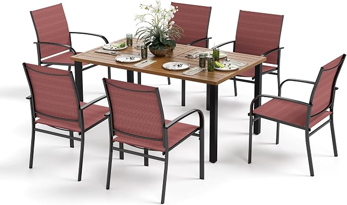 MIXPATIO Patio Table and Chairs Set, Outdoor Dining Set for 6 with Red Chairs and Teak Color Tabletop Outdoor Dining Table, 7-Piece Patio Furniture Set for Deck Backyard Lawn