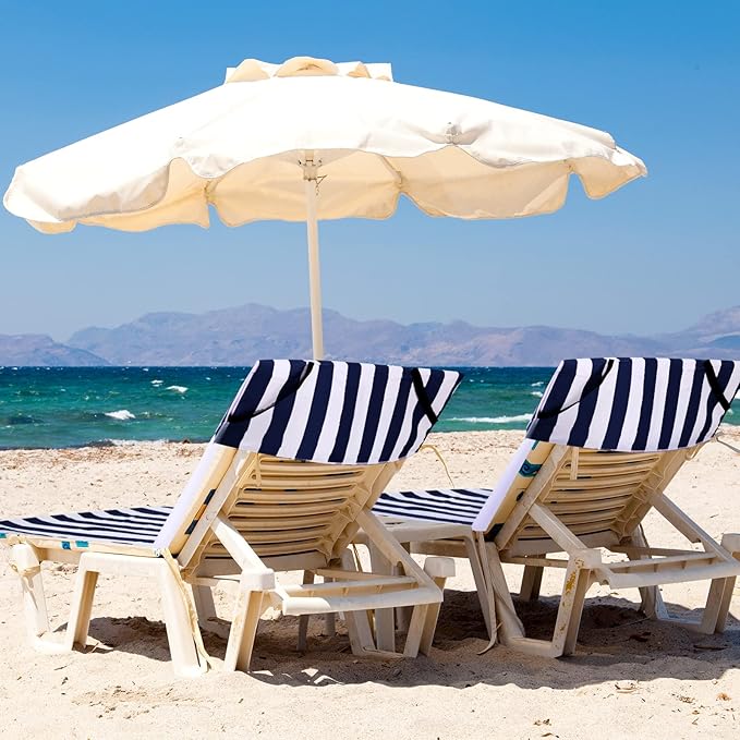 Fumete 2 Pack Lounge Chair Covers 30 x 85 Inch Pool Chaise Lounge Towels Microfiber Beach Chair Towel Portable Striped Outdoor Patio Furniture Cover for Sunbathing Picnic Spa(Navy Blue)