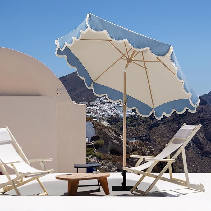 Tempera 9ft Beige Spliced Twilight Blue Tassels Scallop Patio umbrella,Outdoor Table Market Umbrellas with Crank & Pust Button Tilt, Wood Color Pole and 8 Steel Ribs