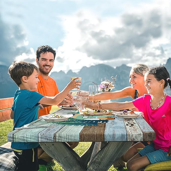 Picnic Table Cover with Bench Covers Elastic Edges, Green Camper Fitted Table Cover, Outdoor Patio Camping Essentials 72 Inch 3PCS, Waterproof Camping Fitted Tablecloth with Drawstring Bag