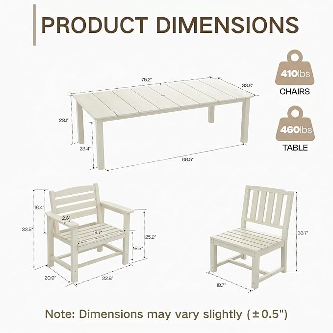 Kingdura 9 Piece Patio Dining Set for 8, 75.2'' HDPE Outdoor Dining Table Set with 2" Umbrella Hole, Weather-Resistant Outdoor Furniture, Table and Chairs Set for Backyard Pool Garden, White