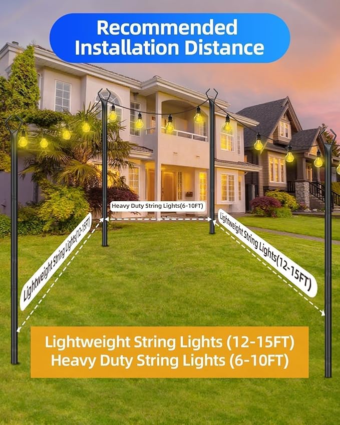 HEMMOTOP String Light Poles for Outside 10FT 2 Pack, Outdoor String Light Poles for Patio Decor Garden Deck Backyard Fence Bistro, Heavy Duty Metal Pole with Fork, Perfect for Wedding Party Camping