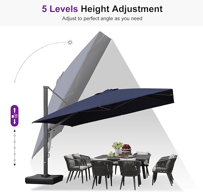 PURPLE LEAF 12 FT Square Patio Umbrella with Wheeled Base Large Offset Hanging Outdoor Cantilever Umbrella Included Base for Garden Deck Backyard Pool Navy Blue