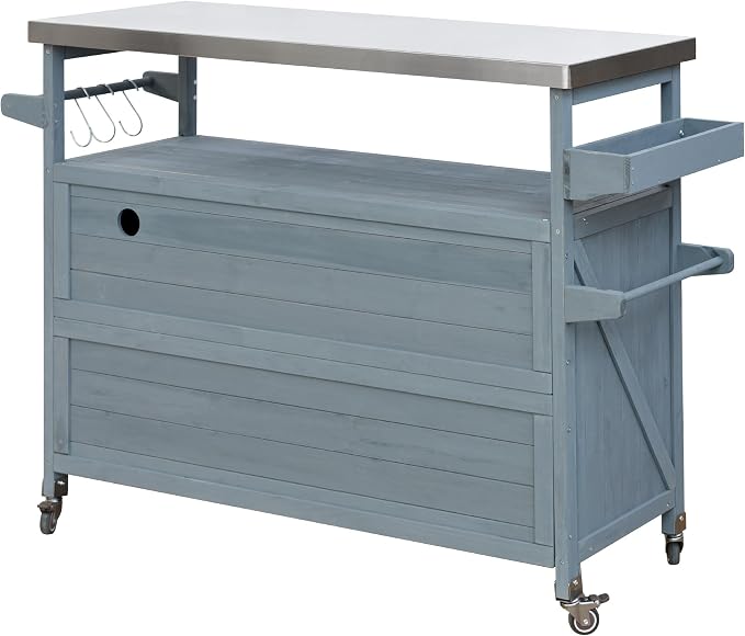 Large Outdoor Rolling Patio Bar Table Cart, Outdoor Kitchen Island Cart Grill Table, Farmhouse Solid Wood Outdoor Serving Cart Prep Table with Stainless Steel Top for Grill/Kitchen, Grey Blue