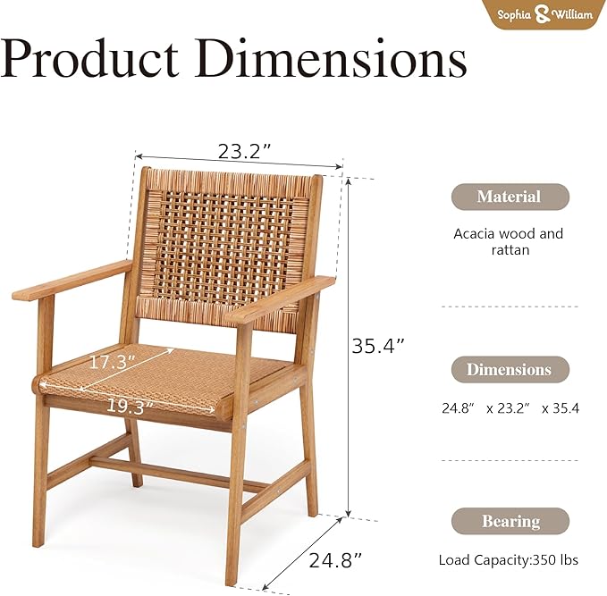 Sophia & William Patio Dining Chairs Outdoor 2 Pieces Hand Woven Wooden Rattan Armchair, Acacia Wood Outside Chair with Rattan Seat & Back for Porch Backyard Garden Balcony Set of 2
