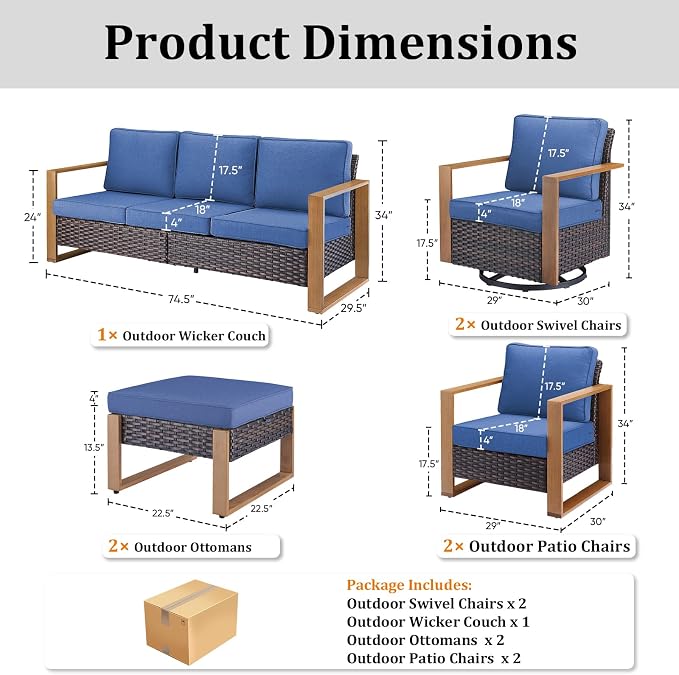 7-Piece Outdoor Patio Furniture Set with Swivel Chairs & Rattan Chairs, All-Weather Wicker Sofa Set for Garden, Yard, Porch and Poolside Seating Blue