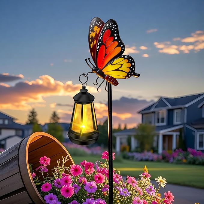 ZFNN Solar Garden Decor Lights Outdoor Waterproof, Metal Butterfly Stakes with Solar Lanterns, Solar Garden Lights for Decorative Yard Art Outside Patio Lawn Ornaments, Gifts for Women Mom