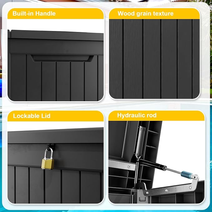 Vixzen 280 Gallon Deck Boxes Outdoor Waterproof, Lockable Storage Box for Patio Cushions Storage Furniture, Garden Tools, Pool Supplies, Weatherproof and UV Resistant (Black, 280 Gallon)
