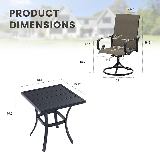 3 Pieces Patio Dining Set, 2 Outdoor Swivel Dining Chairs with 18.1" Square Outdoor Dining Table, All Weather Textilene Patio Chairs and Metal Table for Garden Backyard, Mixed Brown & Black