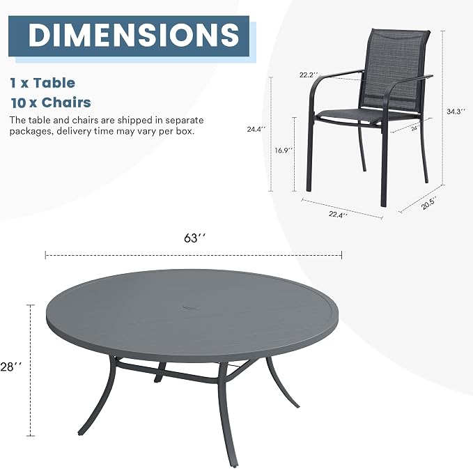 DIFY Patio Dining Set for 10, 11 Piece Outdoor Table and Chairs Set, 63" Round Metal Patio Dining Table and Textilene Stackable Patio Chairs, for Backyard Garden Poolside, Grey