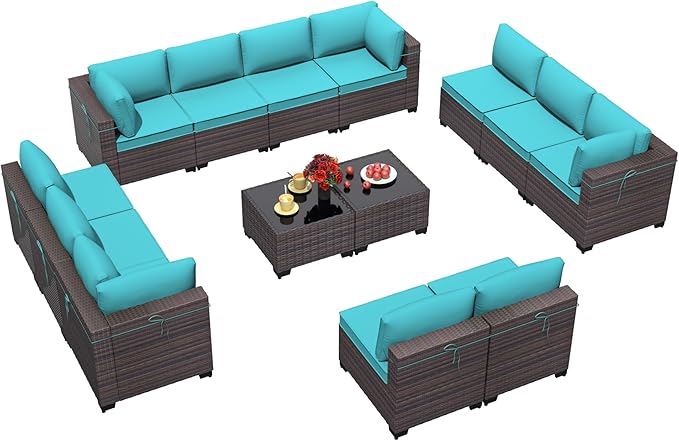14 Pieces Outdoor Patio Furniture Set,Outdoor Sectional Furniture All Weather PE Rattan Wicker Patio Conversation Set with 2 Coffee Tables and 12 Thickened Cushions,Turquoise Blue