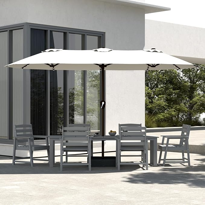 7-Piece Grey Outdoor Dining Set with White 15FT Large Patio Umbrella, 75.2'' HDPE Table & Chairs for 6, Weather-Resistant Furniture with Umbrella Hole for Patio, Lawn, Poolside