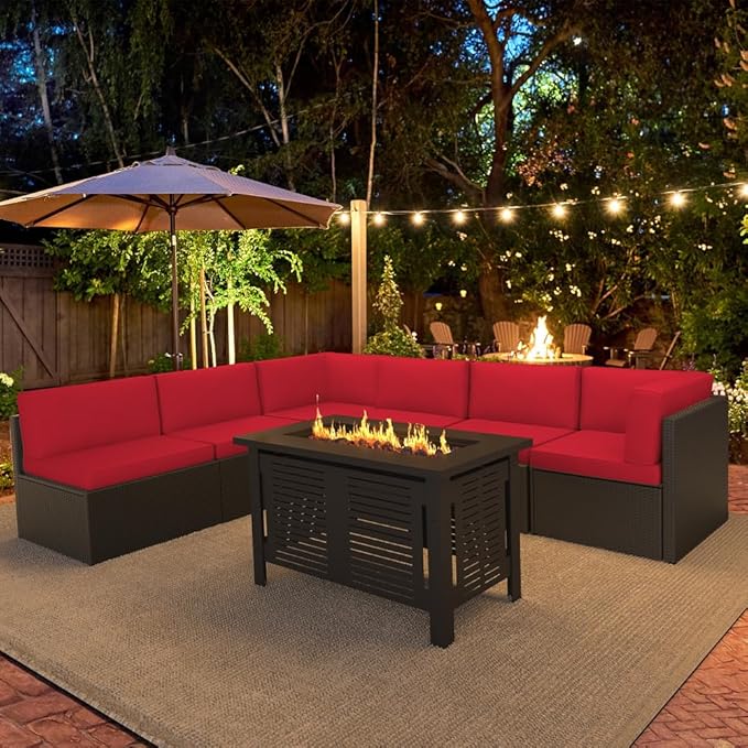 U-MAX 7 Piece Outdoor Patio Furniture Set with Extra 43 Inch Fire Pit Table, PE Rattan Wicker Sofa Set, Outdoor Sectional Furniture Chair Set with Cushions and Tea Table, Brown Rattan&Red Cushion