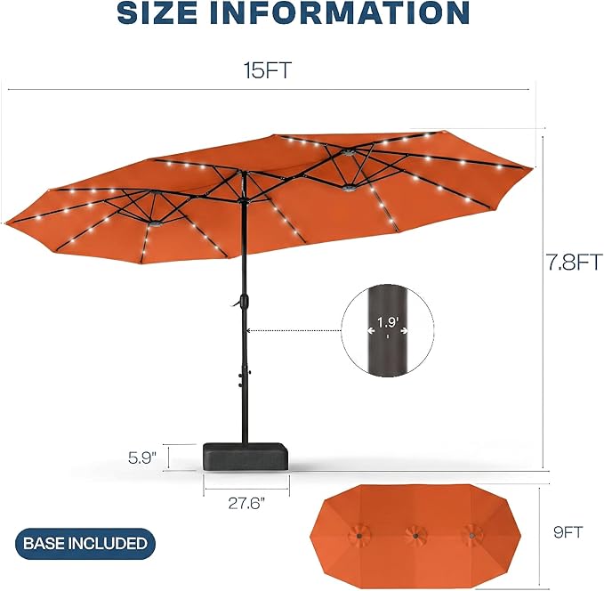 15FT Large Outdoor Patio Umbrella with Solar Lights and Base, Double-Sided Table Umbrellas with 48 LED Lights, Rectangle Market Umbrella for Pool, Deck, Backyard