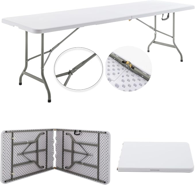 BTEXPERT 8-Foot - 96" Long White Plastic Folding Table Portable 30" Wide, 29" High, Indoor Outdoor Events Banquet Dining Party Patio