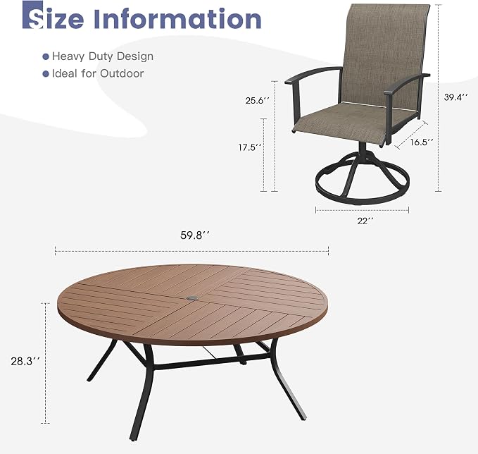 VICLLAX Outdoor Table and Chairs Set for 8, Patio Dining Set of 60 Metal Round Patio Table with Umbrella Hole & 9 Swivel Outdoor Dining Chairs for Backyard Lawn, Mixed Brown & Walnut