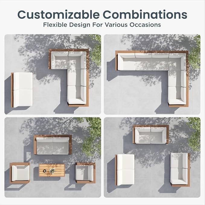 PHI VILLA HDPE Patio Furniture Set, 6 Pieces Sectional Outdoor Conversation Sets with 9.8" Thick Beige Cushions, L Shaped Modular Wicker Rattan Patio Sofa Couch for Garden, Backyard(Beige)