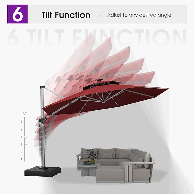 PURPLE LEAF Cantilever Umbrella with Base 13ft Outdoor Round Patio Solar Powered LED Umbrella with 360-degree Rotation for Garden Deck Pool Patio, Brick Red