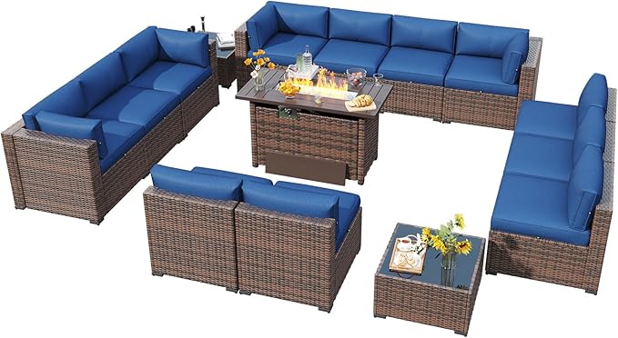 LazySunsets 15 Piece Outdoor Patio Furniture Set with 44'' Fire Pit Table, Outdoor Patio Furniture Set with Waterproof Cover, Wicker Rattan Outdoor Conversation Set for Backyard & Garden, Blue
