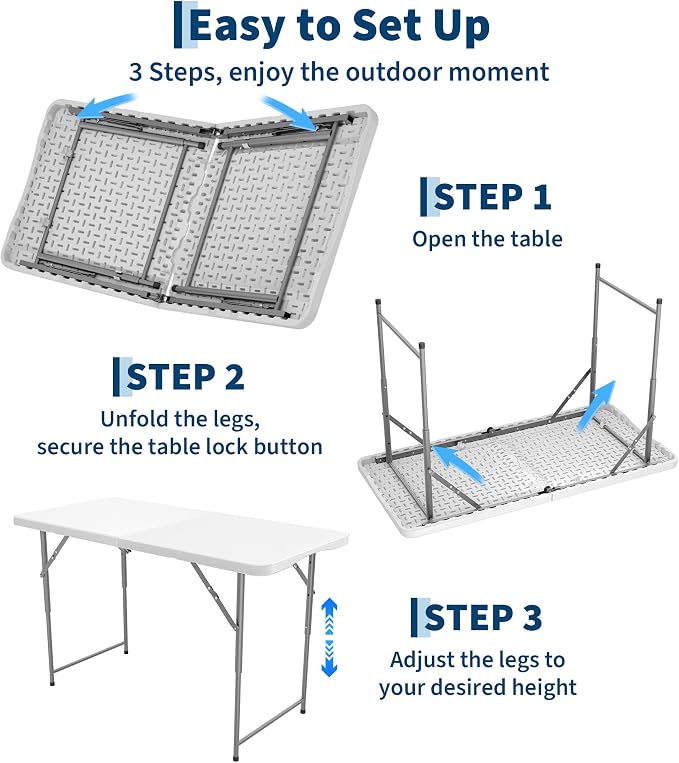 Garvee 4ft Folding Table HDPE Foldable Table with Carrying Handle 3 Adjustable Height Settings Metal Frame Support Up to 400LB Portable for Picnic Camping Party Indoor & Outdoor Use, 1 Pack White
