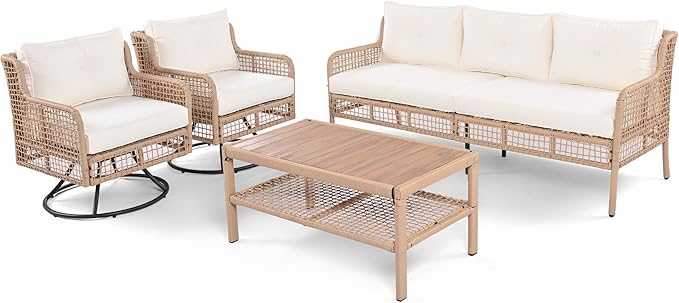 4 Pieces Patio Furniture Set, Rattan Outdoor Conversation Set with 1 3-Seater Sofa, 2 360°Swivel Rocking Chair and 1 Solid Wood Tabletop Coffee Table for Poolside Backyard Deck (Beige/264)