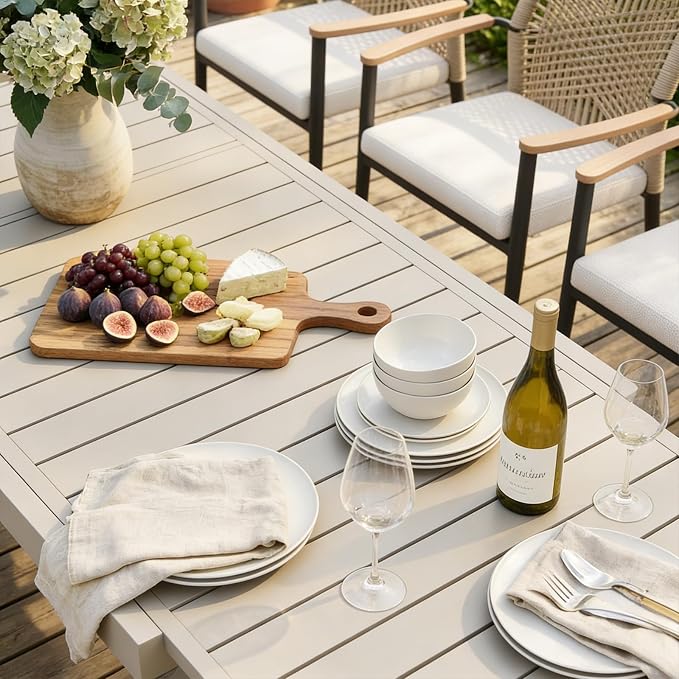 SUNSITT 7 Piece Outdoor Patio Dining Set, 65" - 107" Metal Expandable Outdoor Dining Table with X-Shape Legs, 6 Woven Wicker Patio Chairs w/WPC Armrests for Garden, Flaxen