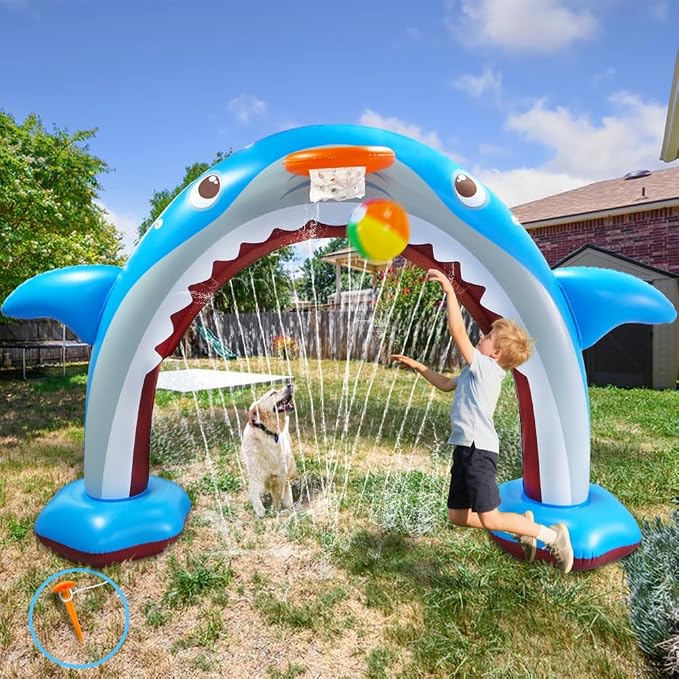 11Ft Inflatable Shark Sprinkler, Large Shark Arch Sprinkler Toys for Summer Outdoor Backyard Yard Lawn, Perfect Inflatable Shark Sprinkler Water Park Toy Games for Boys Girls