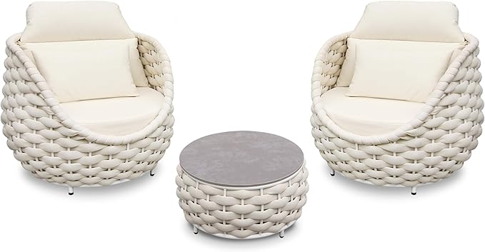 Front Porch Furniture Set 3 Piece: Aluminum Woven Rope Patio Conversation Sofa Set for 2 - Assembled Outdoor Deck Couch Armchair Set Cushions - for 400lb Balcony Pool Yard Bistro Hotel Lanai - Beige