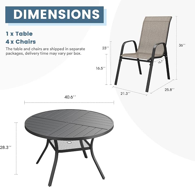 DIFY 5 Piece Outdoor Dining Set, 40" Black Round Metal Dining Table and Brown Textilene Stackable Patio Chairs, Patio Table and Chairs Set for 4 with Umbrella Hole for Backyard Garden Deck
