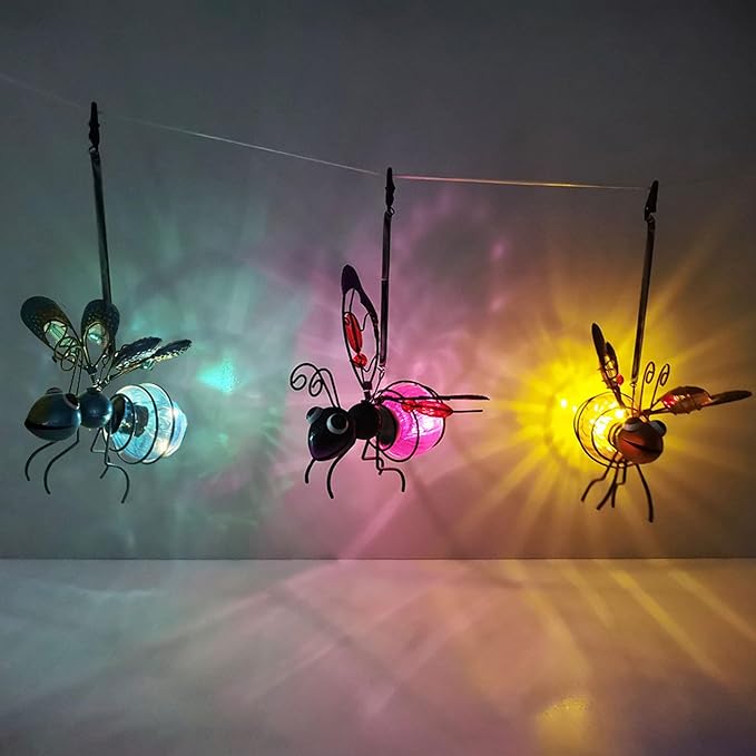 3 Pcs Waterproof Solar Hanging Bee Lights, Metal Bumblebee Figurine LED, Outdoor Garden Balcony Porch Spring Holiday Party Decoration