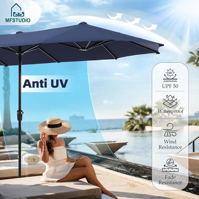 MFSTUDIO Outdoor Dining Set for 6, Patio Furniture Set with Navy Umbrella (Base not Included), Rectangle Metal Table and 6 Swivel Chairs for Patio, Deck, Backyard, Garden