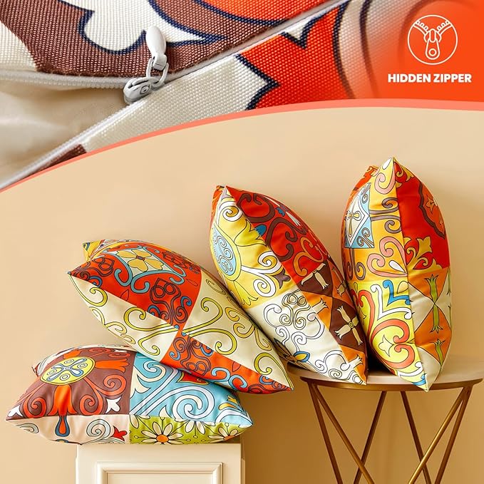 Talavera Mexican Pottery Outdoor Decor Waterproof Pillow Covers 18x18 Set of 4, Talavera Decor Outdoor Patio Furniture Throw Pillows, Fade Resistant Colurful Summer Pillow Covers for Porch and Patio