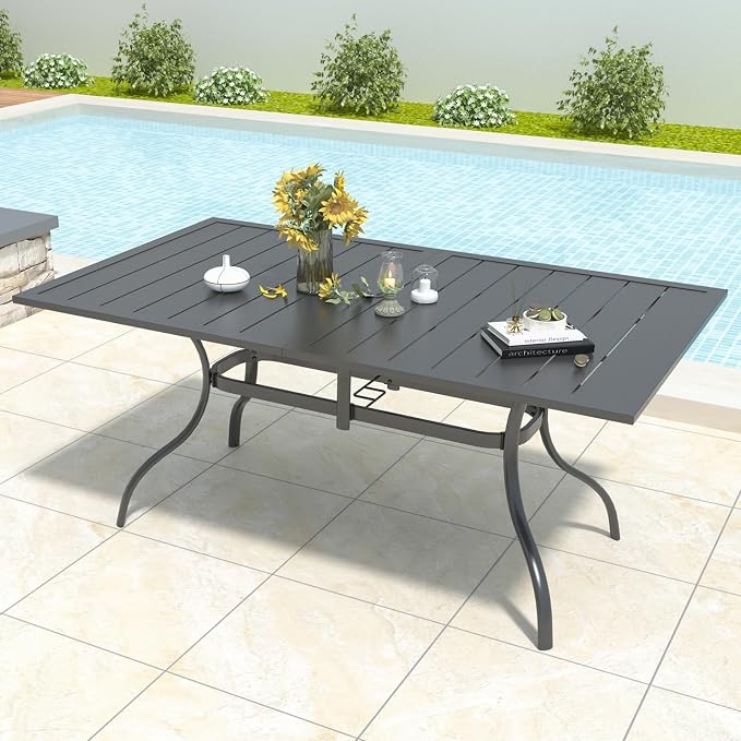 Anmutig 7-Piece Outdoor Dining Set, Powder Coated Steel Table with 6 Stackable Chairs and Rectangular Table, Grey Fabric
