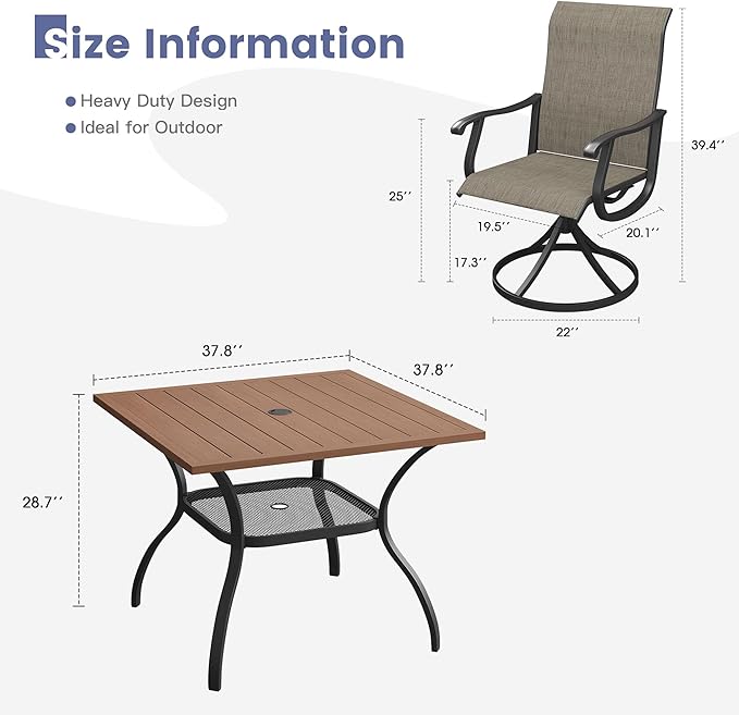 VICLLAX 5 Pieces Patio Dining Set, Patio Furniture Set of 4 Patio Swivel Dining Chairs and Square Patio Table with Storage Shelf, Mixed Brown Chairs & Walnut Tabletop