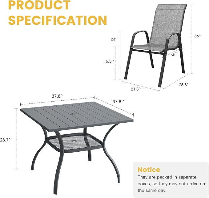 VICLLAX Patio Dining Set for 4, All Weather 5-Piece Patio Set-37.8" Square Outdoor Table and 4 Stackable Chairs for Lawn Garden and Backyard,Grey Tabletop