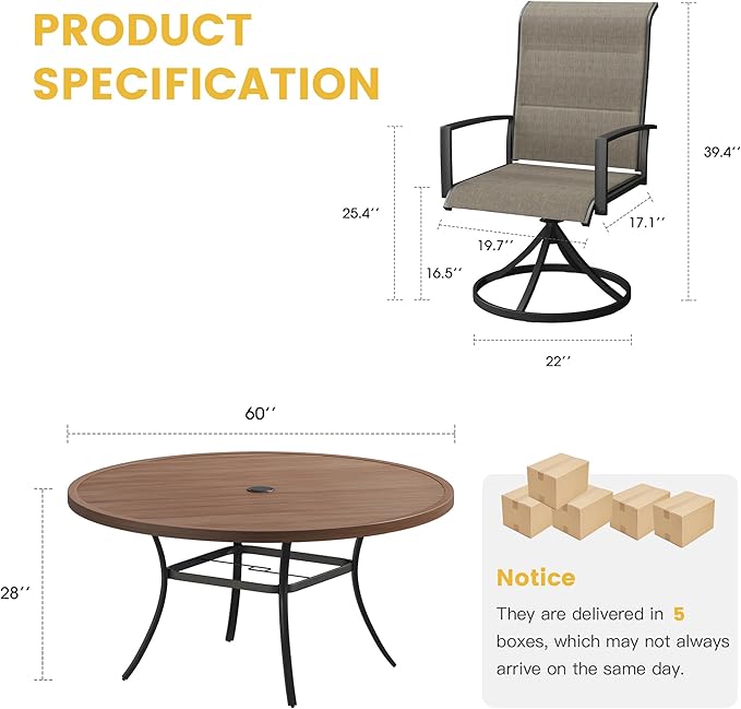 VICLLAX Outdoor Dining Set for 8, Outdoor Furniture Includes 60" Round Patio Table and Swivel Padded Chairs, Walnut Tabletop and Mixed Brown Fabric