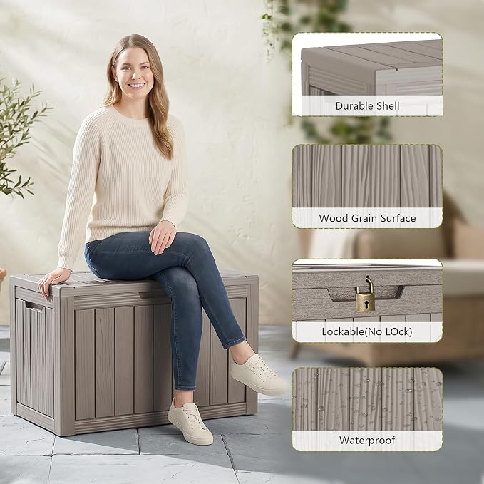 Vixzen 50 Gallon Package Delivery Boxes for Outside Secure Parcel Drop Storage Deck Box Outdoor Waterproof UV Resistant Resin Lockable MailBox for Porch Patio(Beige)