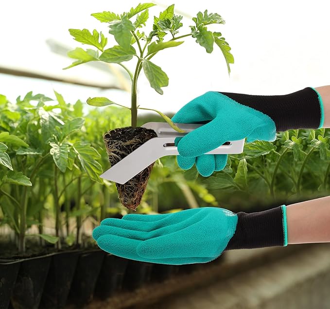 Reallnaive 4 Pcs 6.7 Inch Seedling Transplant Tongs with Gardening Gloves 2 Stainless Steel Gardening Plants Transplant Tongs 2 Rubber Coated Protective Gloves with Grip for Reducing Root Damage
