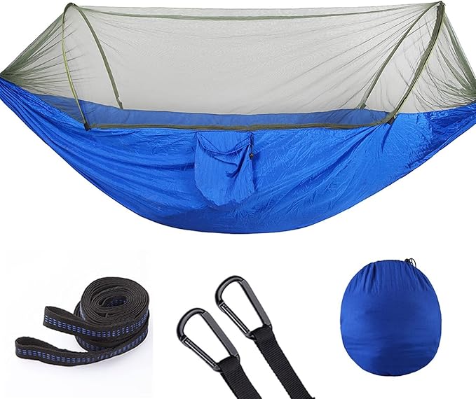 Outdoor Automatic Hammock with Mosquito Net Nylon Portable Lightweight Single Hammock for Camping with 2m Tree Straps Blue 5.2'x3.9'