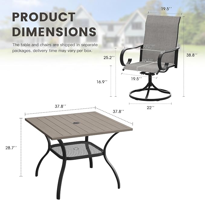 5 Pieces Patio Dining Set, 4 Outdoor Swivel Dining Chairs with 37.8" Square Metal Outdoor Dining Table with Umbrella Hole for Garden Backyard Deck, Grey