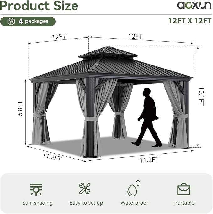 Aoxun Hardtop Gazebo 12x12 with Gutter, Upgraded Wider Aluminum Outdoor Gazebo with Galvanized Steel Double Roof, Patio Permanent Metal Pavilion with Netting and Privacy Curtain