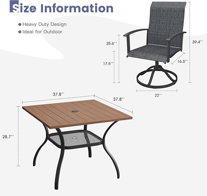 VICLLAX Outdoor Table and Chairs Set for 4, Patio Dining Set of 37.8" Metal Square Patio Table with Umbrella Hole & 4 Swivel Outdoor Dining Chairs for Backyard Lawn, Charcoal & Walnut