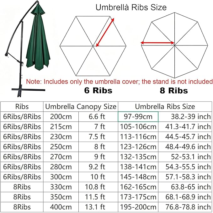 Outdoor Patio Umbrella Replacement Canopy 7.5ft/9ft/10ft/11ft 6/8 Ribs, Cantilever Offset Patio Umbrella Fabric Cover Resistant Waterproof Shade for Table Pool