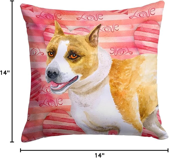 Caroline's Treasures BB9731PW1414 American Staffordshire Love Fabric Decorative Pillow, Red Machine Washable, Indoor Outdoor Decorative Pillow for Couch, Bed or Patio, 14Hx14W