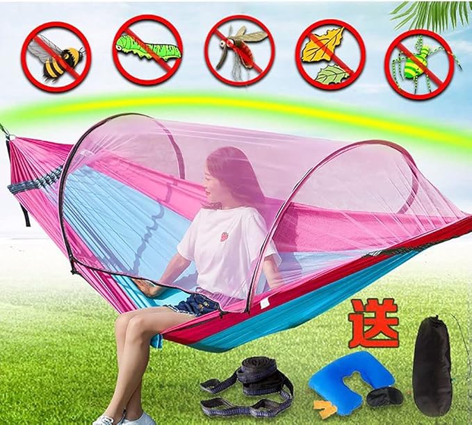 Camping Hammock, Hammock Outdoor Mosquito and Rainproof Swing Sling Wild Air Tent and Mosquito Net Ultralight Double Camping Bed(Pink)