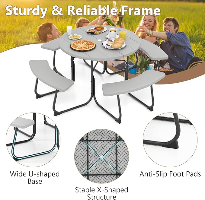 HAPPYGRILL 8-Person Picnic Table Bench Set with Umbrella Hole, 43” Outdoor Dining Table w/4 Benches, Wood-Like Texture Tabletop, Stable U-Shaped Base, Round Table for Backyards, Grey