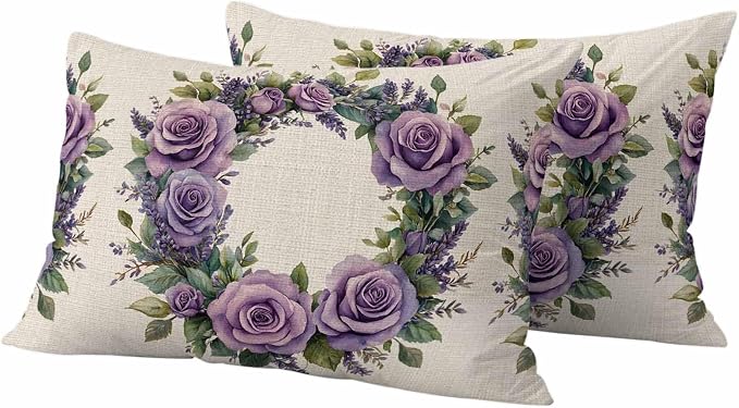 Spring Flower Outdoor Waterproof Throw Pillow Covers Set of 2, 20"x12", Purple Rose Wreath Blooming Floral Retro Decorative Pillow Covers Outside Cushion Case for Patio Porch Garden