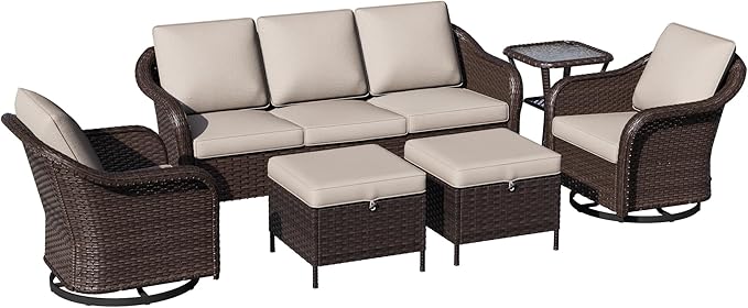 6 Piece Patio Wicker Conversation Set, All-Weather Use Outdoor Wicker Sofa with 2 PE Rattan Ottomans,2 Swivel Chair, 1 Side Table, Ideal for Porch, Backyard, Balcony, Poolside, Beige
