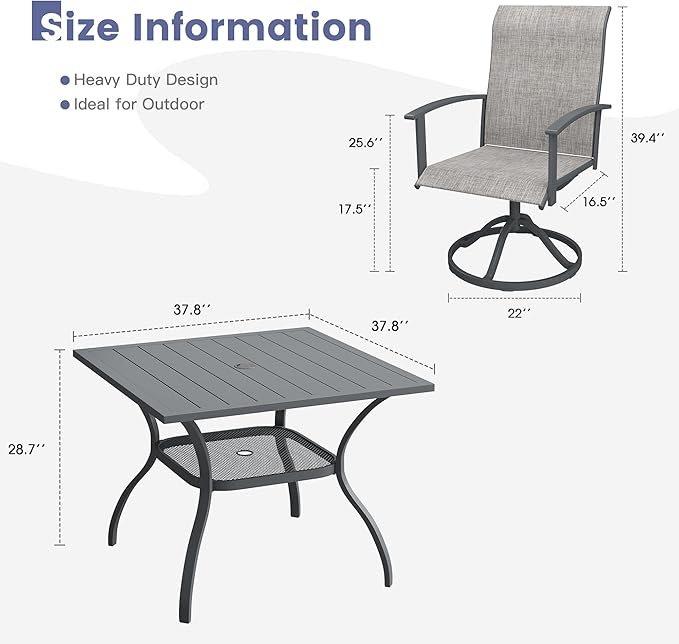 VICLLAX Square Outdoor Table and Chairs Set, 5 Pieces Patio Dining Set of 37.8" Metal Square Patio Table with Umbrella Hole & 4 Swivel Outdoor Dining Chairs for Backyard Lawn, Grey & Dark Grey